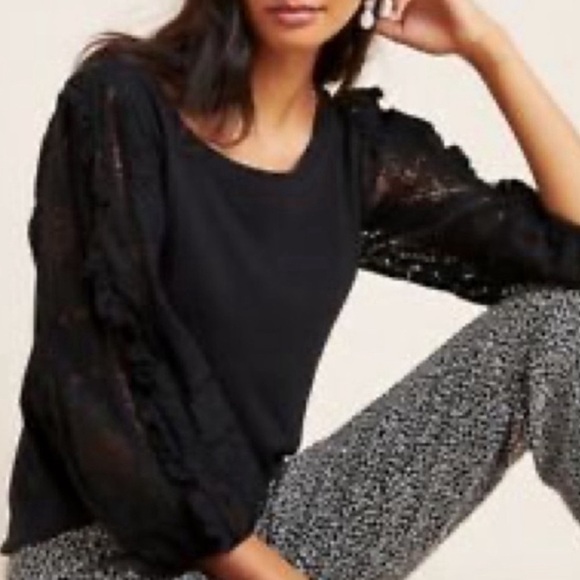 ANTHROPOLOGIE ‘Nina’ Lace Sleeves Top with Tie in Black SZ XS Romantic - Picture 1 of 8